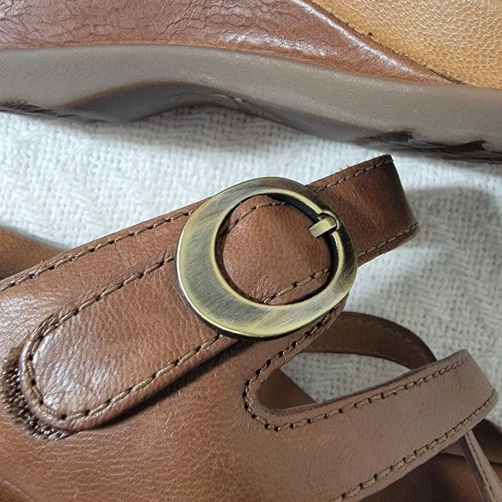 Dansko Ana Wedge Slide Buckle Sandals Tan Glazed Kid Leather Size EU 37 US 6.5-7